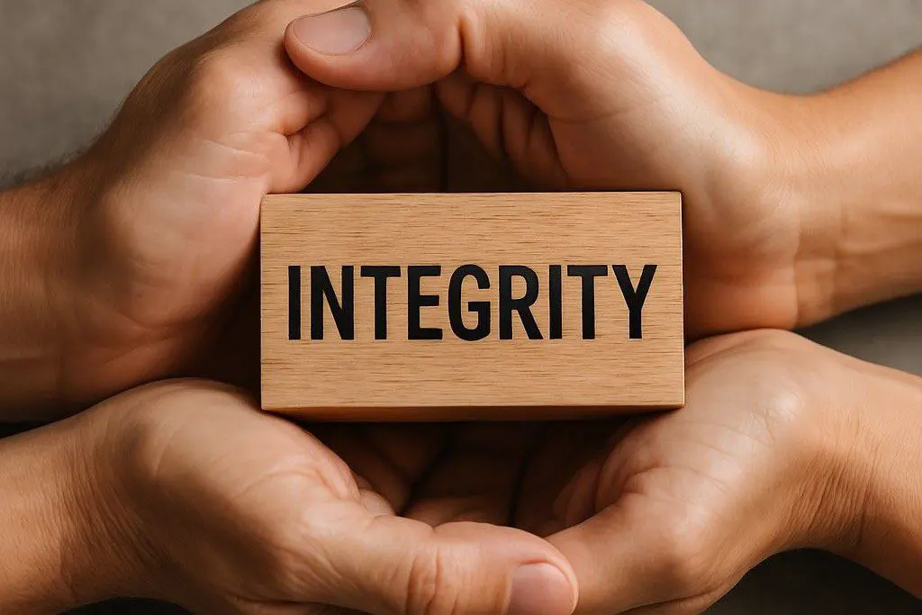 Hands gently holding a wooden block with the word 'INTEGRITY' engraved on it, symbolizing trust and honesty.