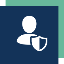 Icon of a person silhouette with a shield symbol in the foreground, set against a dark blue square background with a green corner accent.