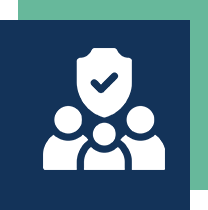 Icon of three figures with a shield overhead featuring a checkmark, against a navy and teal background.