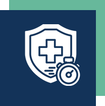 A shield with a medical cross and a stopwatch symbol on a dark blue background, outlined by a green square.