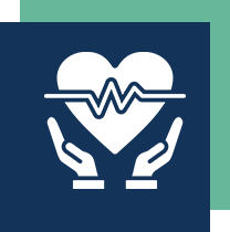 Icon of two hands holding a heart with an electrocardiogram line across it, set against a dark blue background with a green corner accent.
