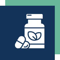 Icon of a bottle with a leaf symbol and two pills, set against a navy and teal background.