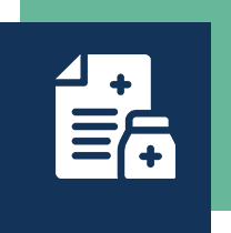 Icon of a document with a medical symbol next to a pill bottle on a dark blue background.