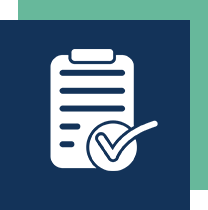Icon of a clipboard with a checklist and a checkmark, set on a navy blue background with a teal corner accent.