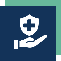 Icon of a hand holding a shield with a medical cross on a navy blue background, overlaid on a teal square.